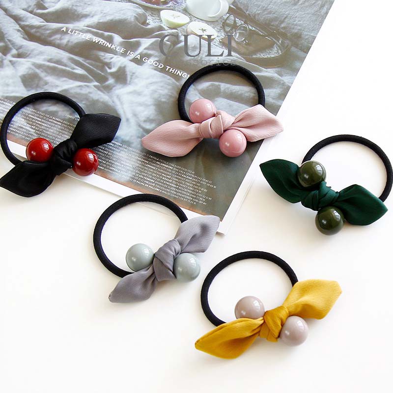 Dây cột tóc nơ phối châu nhiều màu xinh xắn cho nữ, style Hàn Quốc