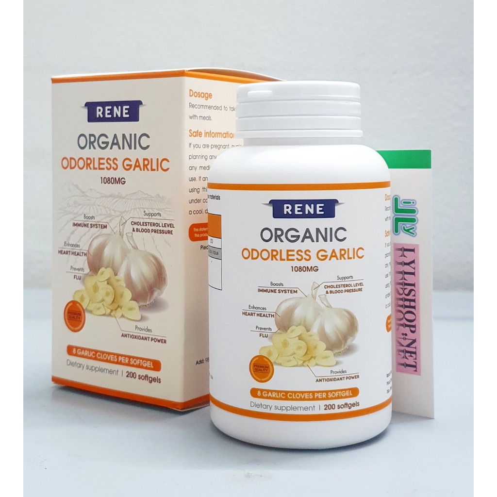 Tinh dầu Tỏi hữu cơ khử mùi RENE Organic Odorless Garlic 1080 mg chai 200 viên từ Mỹ USA