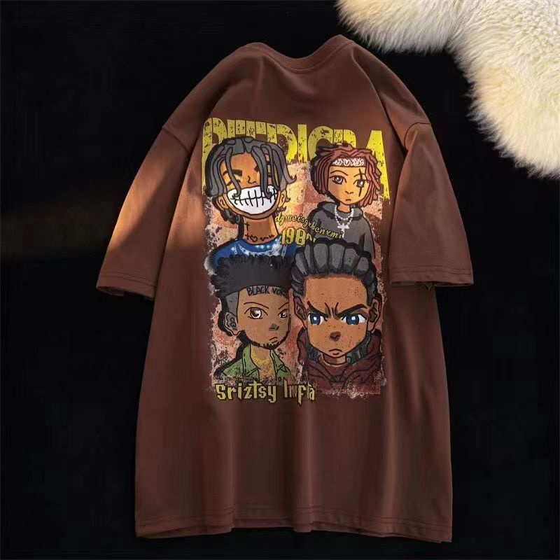Áo thun Fashmily 100% cotton cổ tròn tay ngắn dáng rộng in họa tiết hoạt hình thời trang Hàn Quốc mùa hè size 4XL