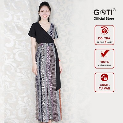 Hình Thật - Jumpsuit Dài Dạo Phố Kiểu Bộ Bay Cổ Đắp Chéo Phối Họa Tiết Eo Cách Điệu GOTI 3198