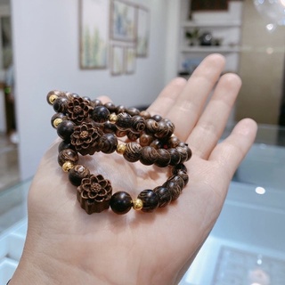Vòng tay trầm hương đơn mix hoa sen nhiều size - Trầm hương sánh chìm