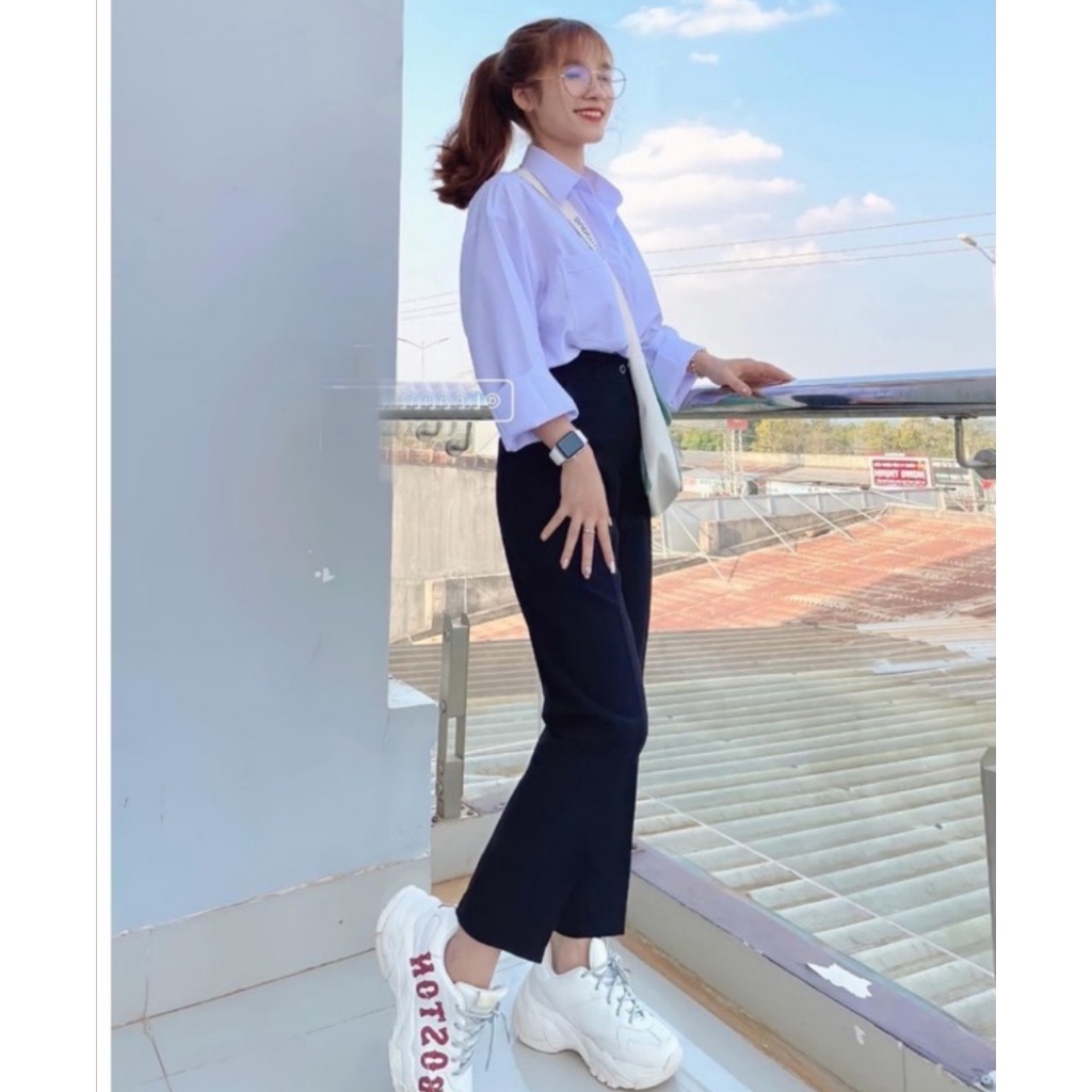 Quần tây baggy đi học nữ có đai lưng cao màu xanh đen dáng dài vải mềm trơn - Quần vải nữ công sở cạp ống đứng mặc sinh