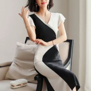 Đầm Cati midi phối đen trắng