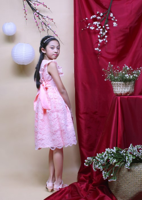 Đầm tiệc bé gái ren hoa hồng GDT004 Jadiny
