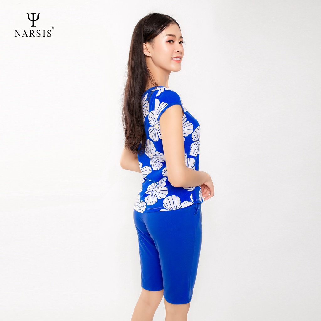 Bộ đồ hè nữ Narsis M8088 chất liệu Cotton màu hoa trắng xanh dương