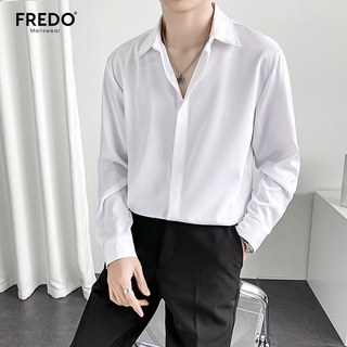 Áo sơ mi nam dài tay trắng đen vải lụa, sơ mi nam giấu khuy form dáng hàn quốc fredo