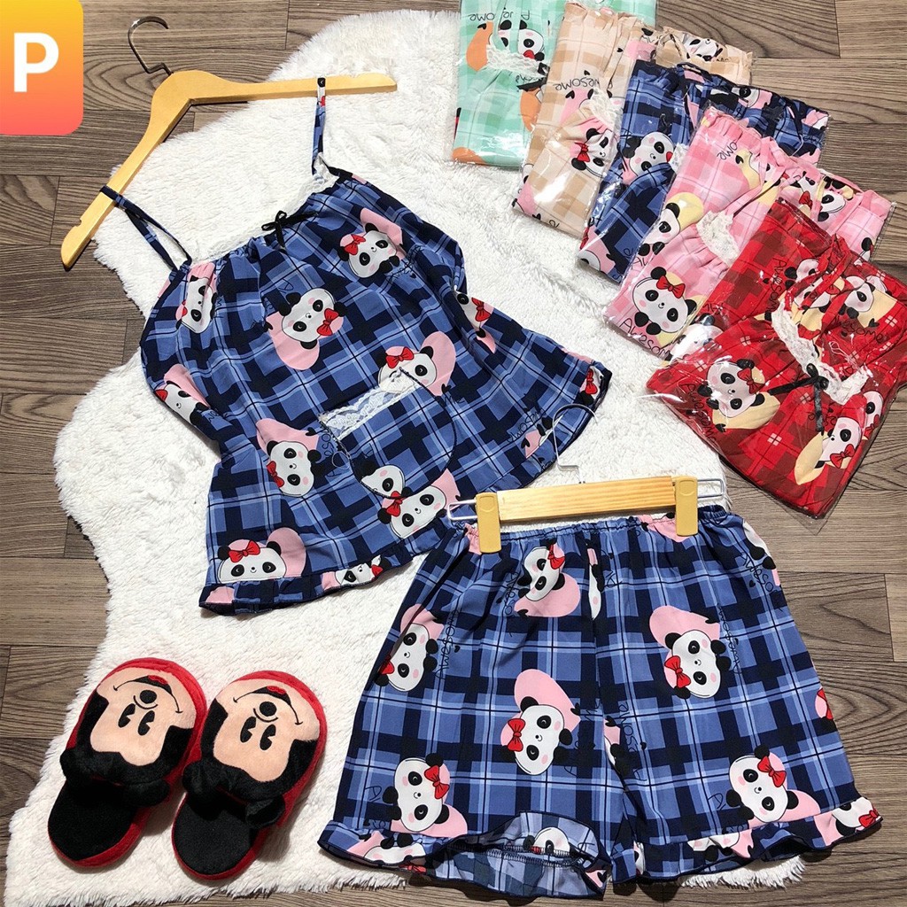 Đồ ngủ gợi cảm dạng pijama, áo 2 dây kết hợp quần đùi, họa tiết hoạt hình