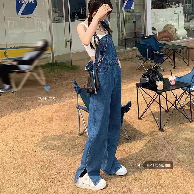 Áo liền quần denim Ống Rộng Xẻ Tà Lưng Cao Thời Trang Hàn Quốc Cá Tính