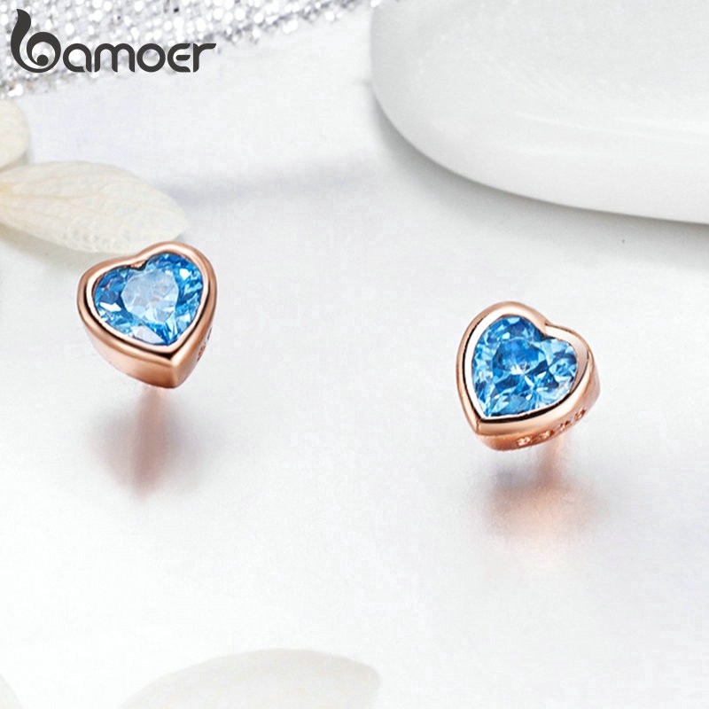 Bông Tai Bamoer PAS452 Hình Trái Tim Mạ Vàng Hồng Đính Đá Zircon Cho Nữ