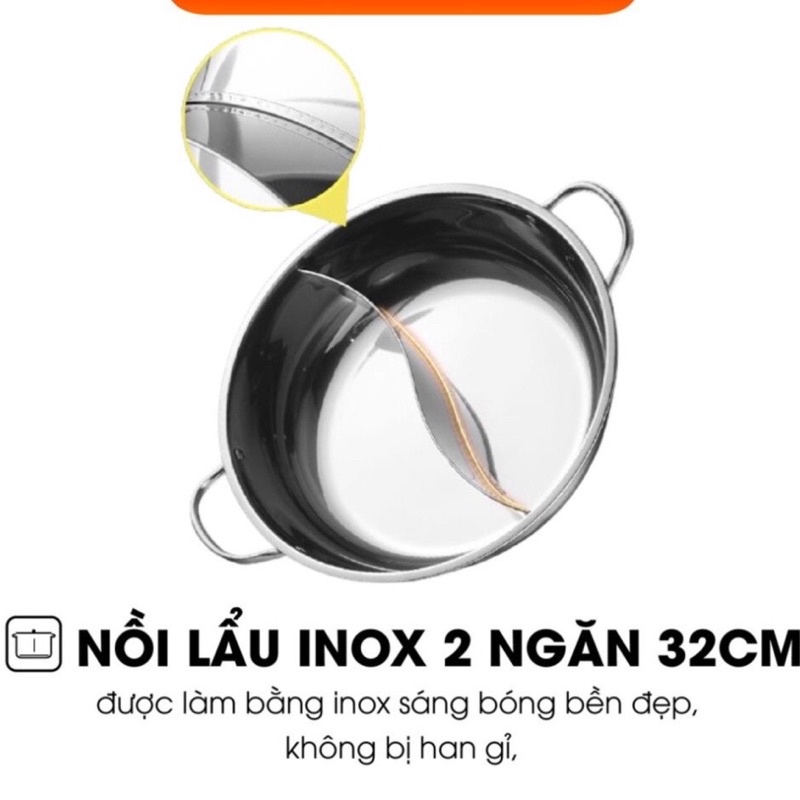 Nồi Lẩu 2 ngăn cỡ lớn 32cm, Nồi lẩu hot pot tiện lợi ăn lẩu hàng chính hãng.