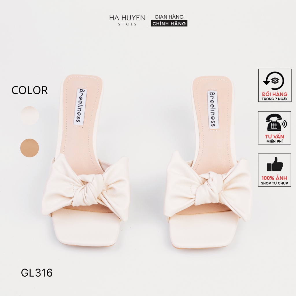 Guốc lê nữ Hà Huyền Shoes mũi vuông da nơ tai to gót nhọn 6 phân - GL316