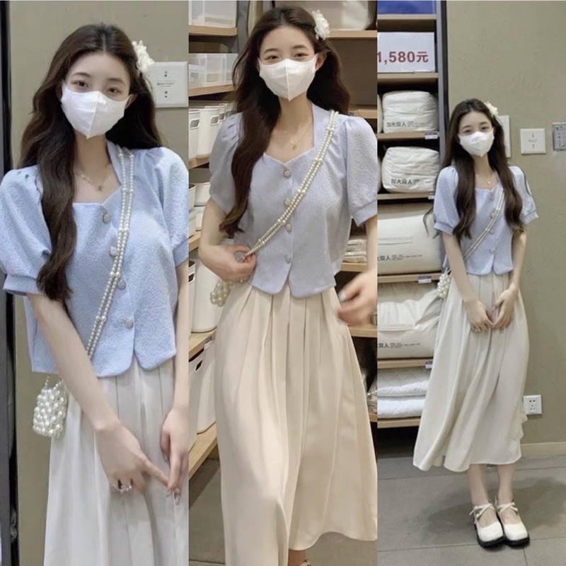 Set áo croptop tay ngắn cổ vuông với chân váy midi trắng