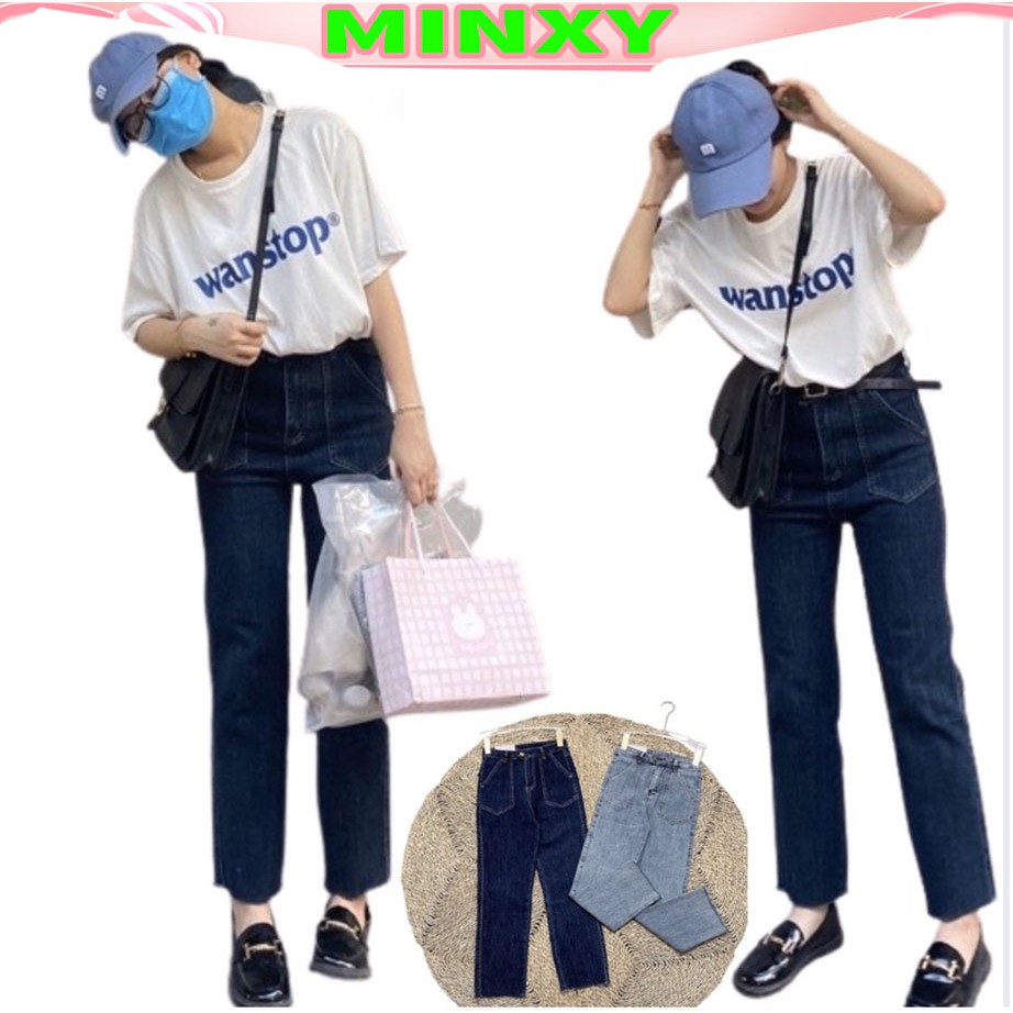 Quần bò nữ ống đứng,quần jean ống suông,xuông cạp cao,jeans ống rộng co giãn túi trước phong cách Hàn Quốc