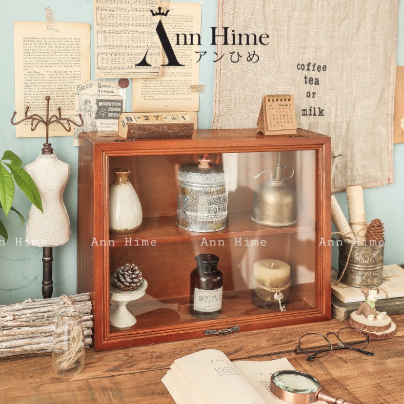 Tủ Gỗ Mini Để Bàn Trang Trí Decor Vintage Đựng Mỹ Phẩm Cốc Ly Chén Kiểu Cánh Ngược Ann Hime Sp9