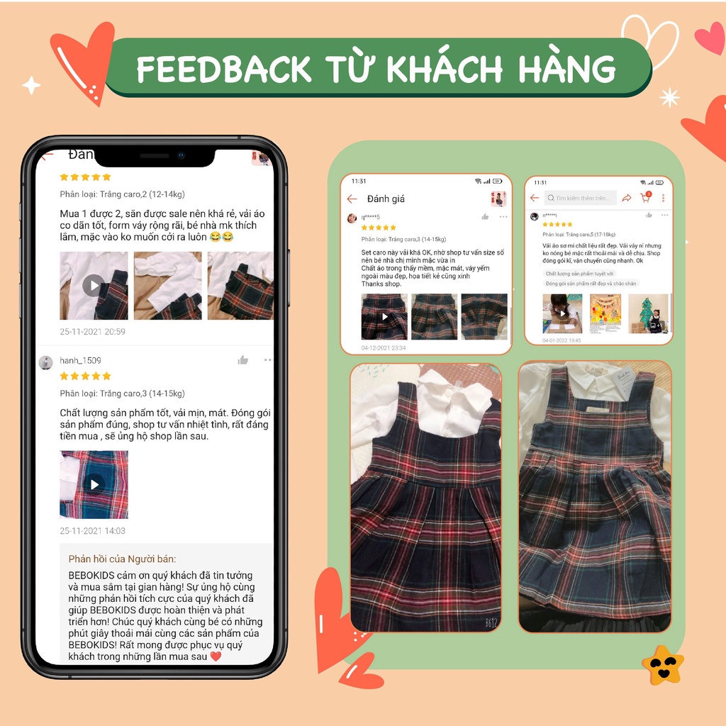 Set váy đầm cho bé gái thiết kế sơ mi phối váy yếm caro công chúa mùa xuân 10-22kg A10