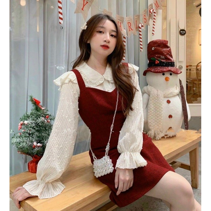 Set áo ren bi yếm đỏ cổ bèo
