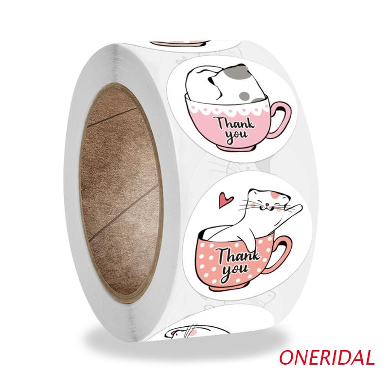 Cuộn 500 miếng dán hình tròn họa tiết mèo Hello Kitty dễ thương dùng trang trí túi bánh