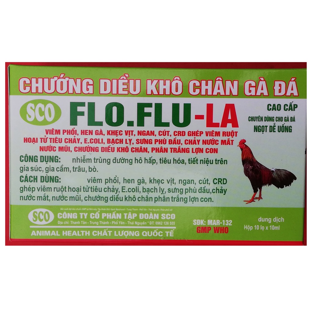 1 lọ FLO-FLU-LA 10ml Chuyên dùng cho gà đá mắc viêm phổi, hen, CRD, viêm ruột, chướng diều khô chân, phân trắng