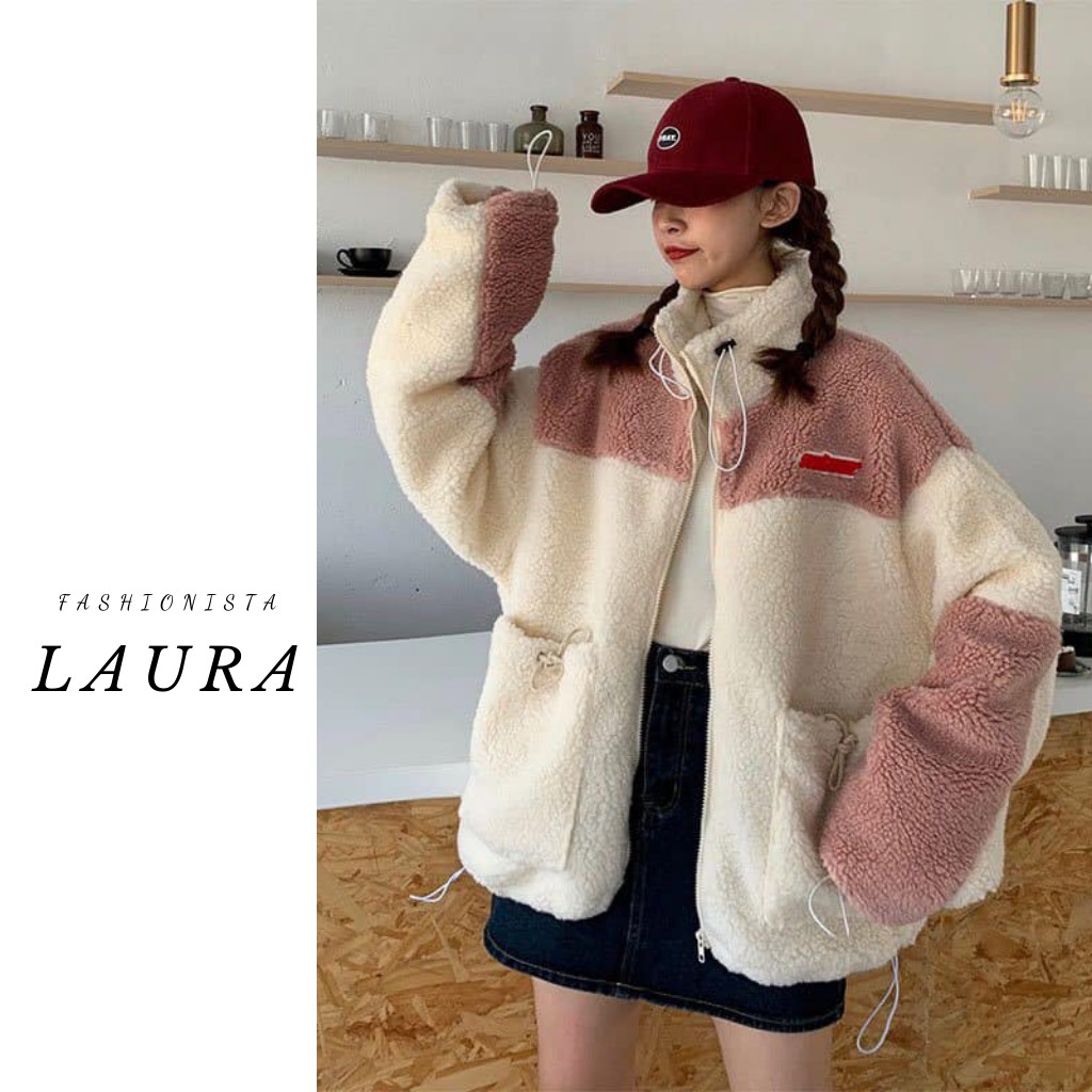 Áo khoác lông màu hồng đất phối vai Laura Boutique - Áo khoác form rộng dáng dài siêu xinh