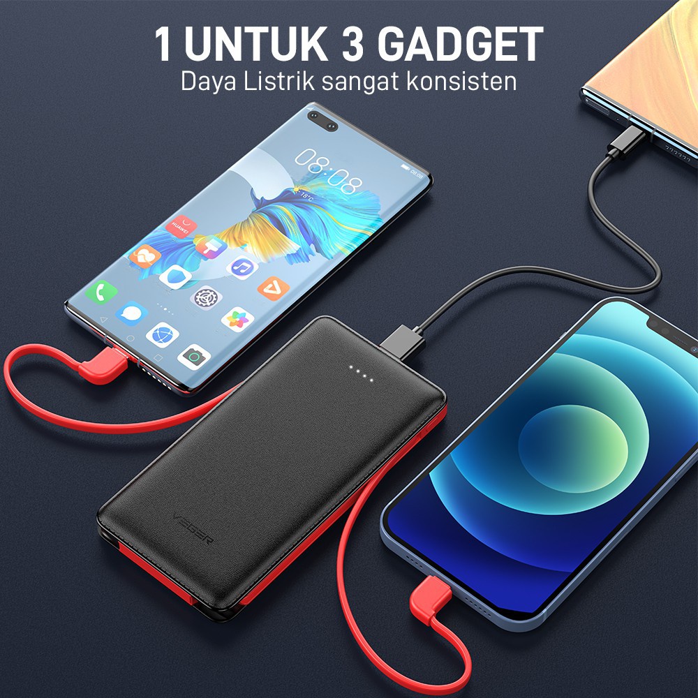 Sạc dự phòng 10000mAh Veger VP-1081, Pin sạc dự phòng nhỏ gọn sạc nhanh tích hợp cáp sạc tiện lợi - SATOPA