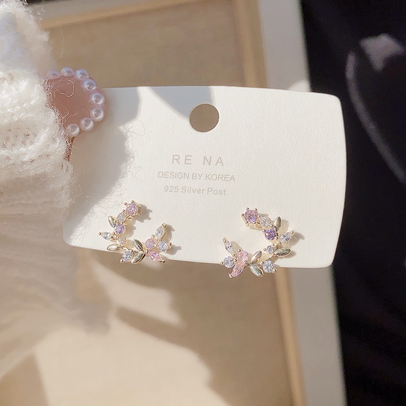Bông tai MANYUE kiểu chữ C hình hoa đính đá zircon phong cách Hàn Quốc dễ phối đồ thời trang cho nữ