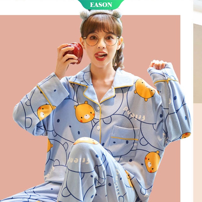 Bộ Đồ Ngủ Hai Món Tay Dài In Họa Tiết Mèo Hoạt Hình Dễ Thương Size M-XXL