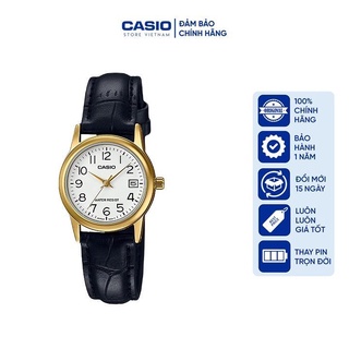 Đồng hồ nữ casio ltp-v002gl-7b2, đồng hồ chính hãng, dây nâu mặt trắng viền vàng