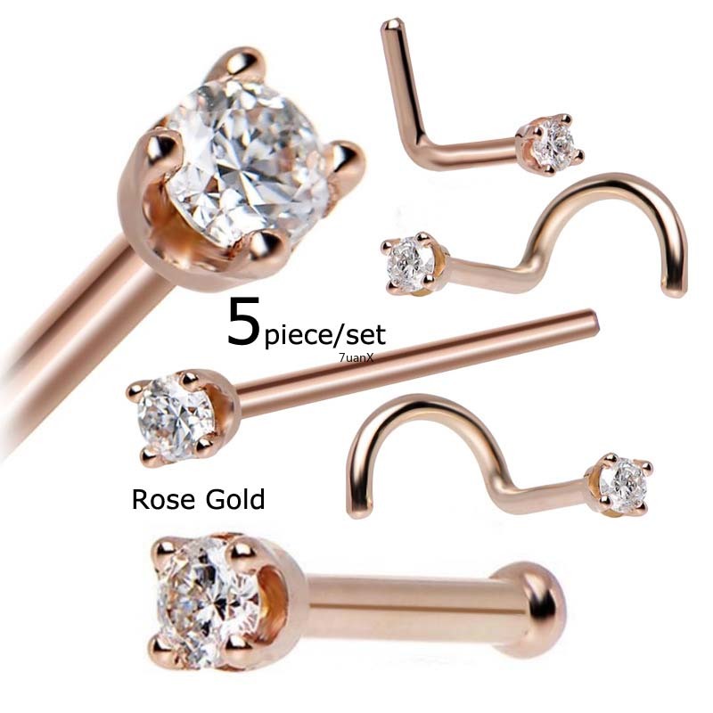 Set 5 Khuyên Mũi Thép Không Gỉ Đính Đá Zircon 20gauge