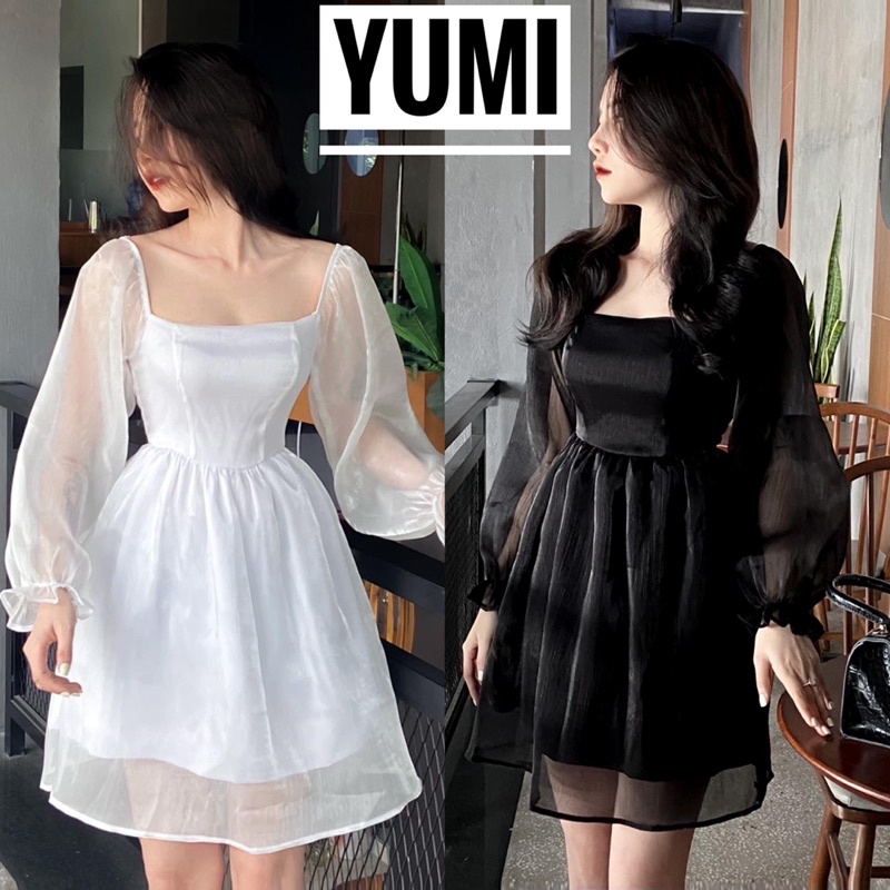 Váy Voan Xòe Cổ Vuông Tay Phồng Phong Cách Tiểu Thư Nữ Tính