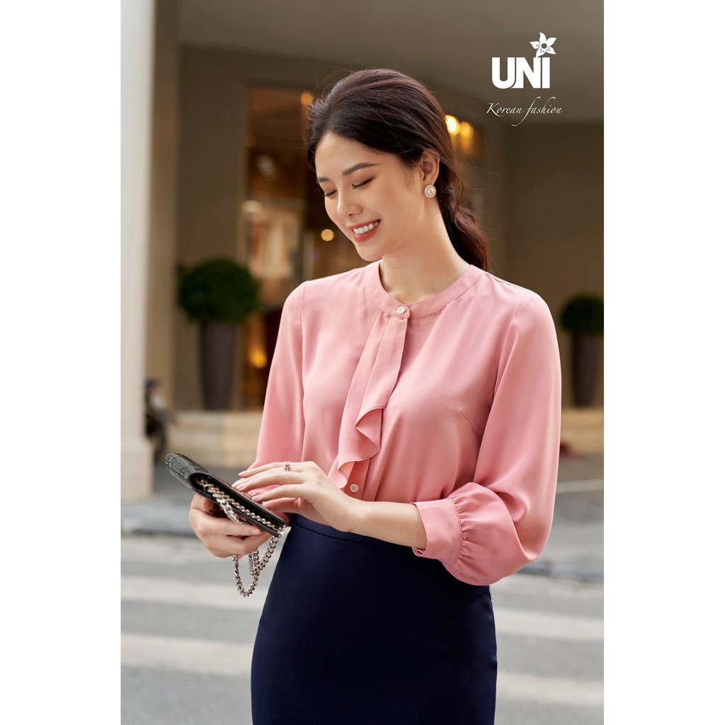 Áo Sơ Mi Nữ UNIVTH Ngắn Tay Công Cổ Tàu Tay Bo Cao Cấp 9A0118D Uni Korean Fashion
