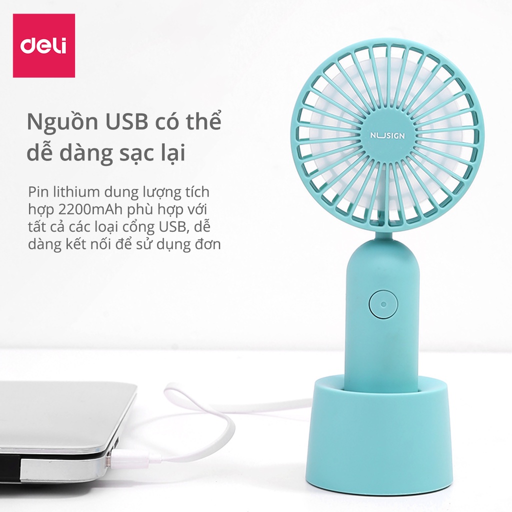 Quạt cầm tay cao cấp Deli - Sạc tích điện USB - Có đế cắm tiện dụng - Trắng/Hồng/Xanh ngọc - 1 chiếc - NS916