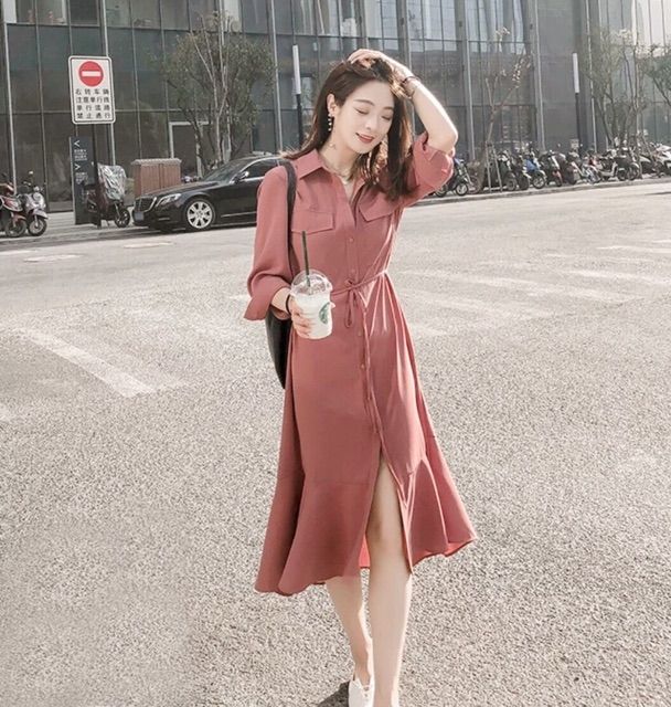 Đầm Nữ Hồng Ruốc Dáng Dài Cột Eo