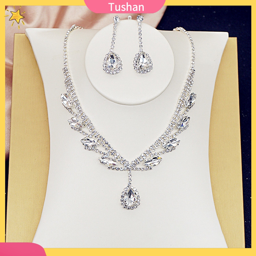 Set dây chuyền và đôi khuyên tai mặt hình giọt nước đính đá nhân tạo lấp lánh thời trang dành cho cô dâu