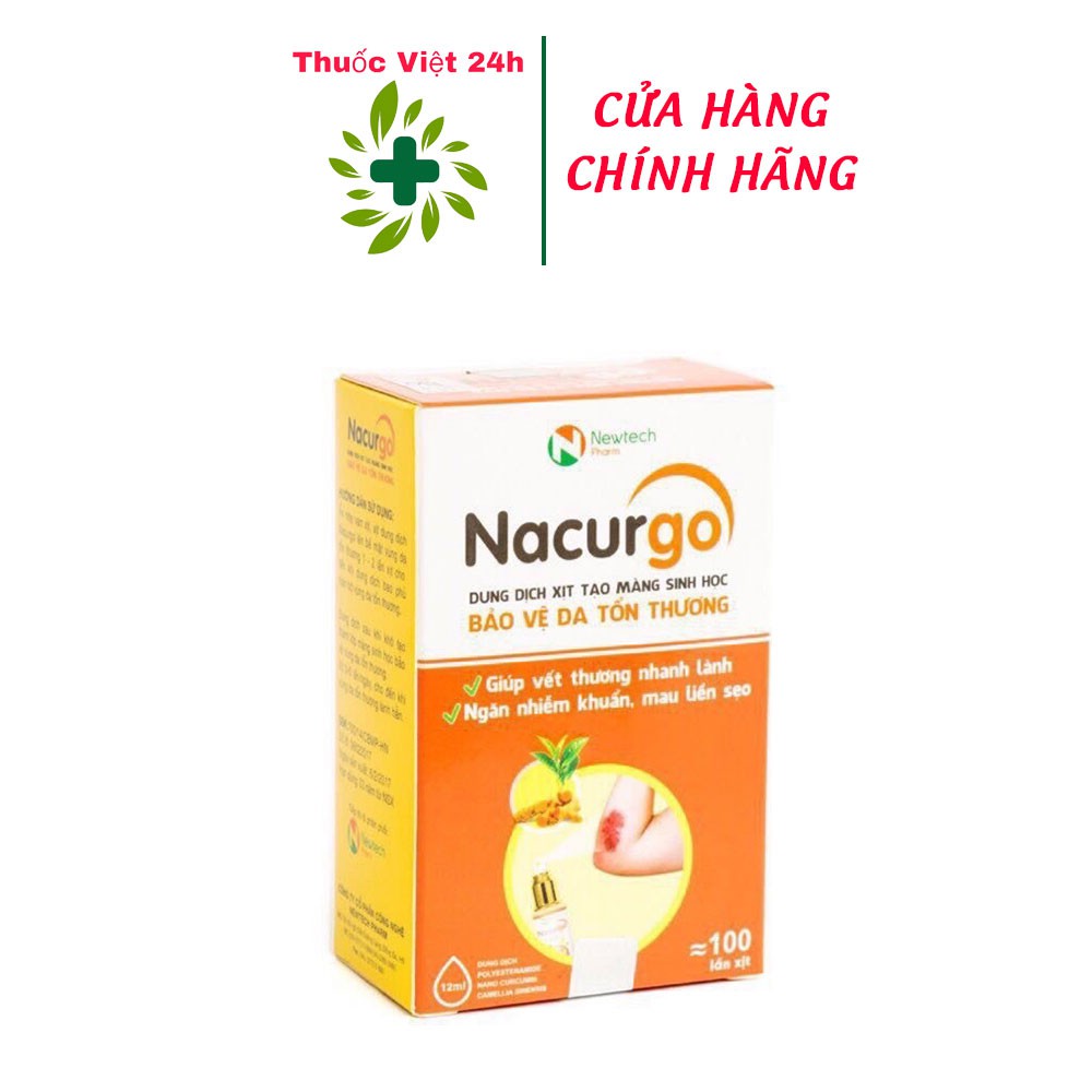 Băng vết thương dạng xịt Nacurgo giúp làm lành vết thương, hạn chế để lại sẹo, giảm thâm nám, chống oxy hóa và bảo vệ tế