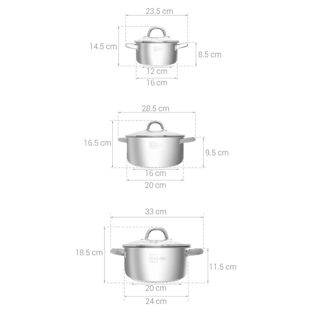 Bộ nồi bếp từ inox Fivestar 3 đáy nắp kính quai tán đinh 16,20,24cm -Shop Tiện Ích