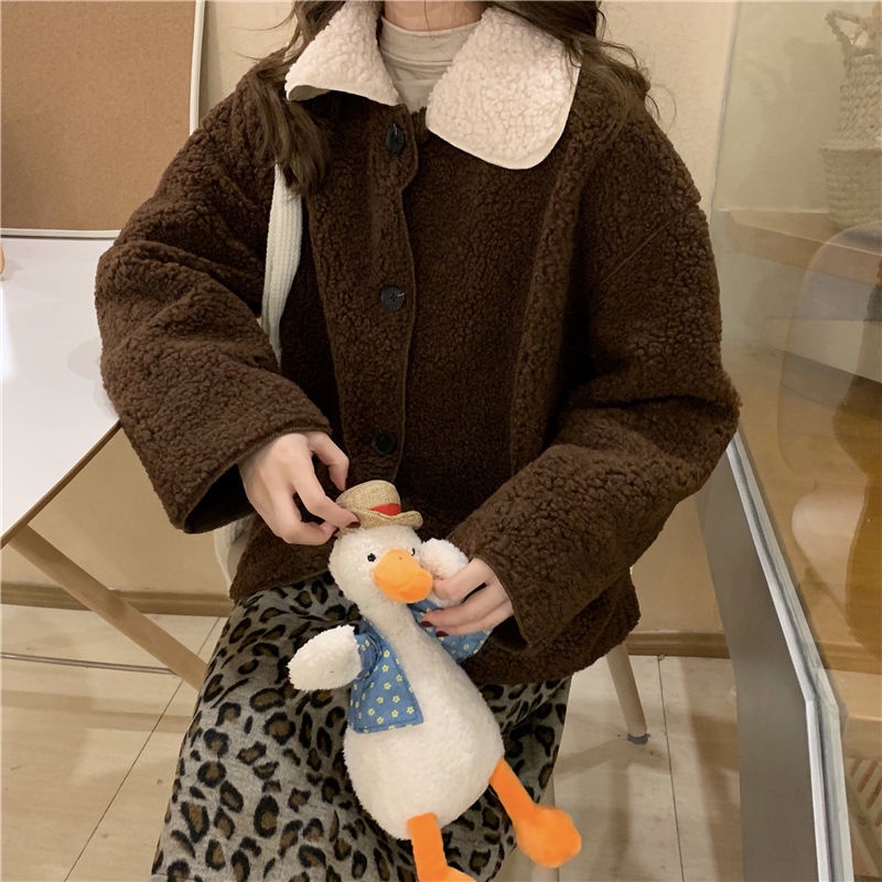 Áo Khoác Len Lông Cừu Tay Dài Cổ Búp Bê Màu Sắc Tương Phản Phong Cách Hàn Quốc Dành Cho Nữ