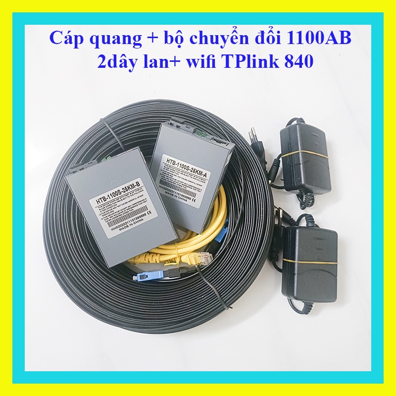 200m cáp quang 1 sợi bấm sẵn 2 đầu + cặp converter 1100AB + 2 dây lan đúc sẵn 1,5m + wifi TPLink 840N