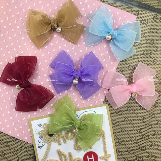 KẸP TÓC NƠ RUY BĂNG VOAN NÚT THẮT ĐÍNH HẠT P2 - [Nhà Nấm handmade]