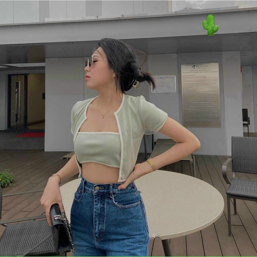 [Mã 11FASHIONSALE1 giảm 10K đơn 50K] Set áo croptop và áo khoác ngoài chất thun bo mềm mịn | BigBuy360 - bigbuy360.vn