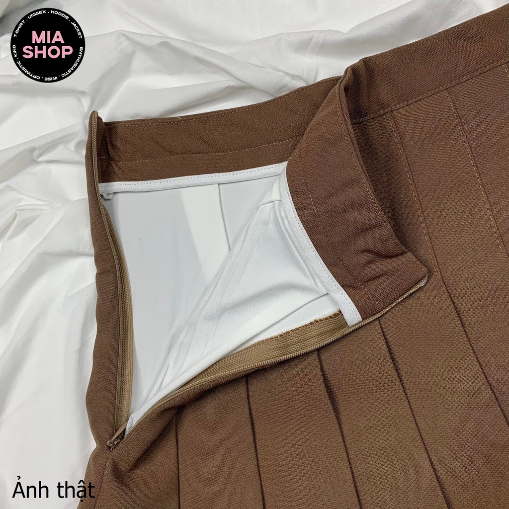 Chân váy xếp ly MIA, Chân váy tennis dáng ngắn xòe chữ A lưng cao, màu nâu, có bigsize