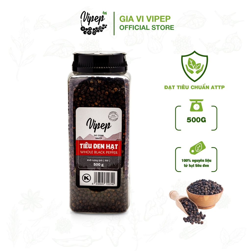 Tiêu đen hạt Vipep, hạt tiêu chắc đều không bị lép, 100% nguyên liệu sạch hũ lớn 500g tiết kiệm