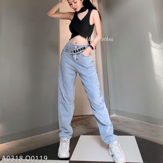 [Big Size] Quần Baggy Nam/Nữ - Form To Dài - Lưng Cao Siêu Đẹp - Trơn Xanh Jeans Nhạt Lưng Phối Đai Thêu