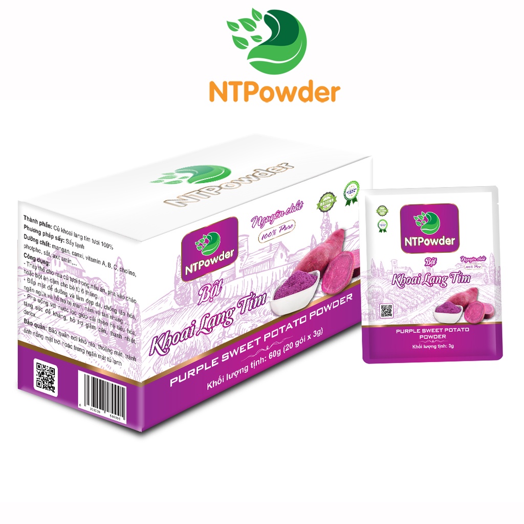 [Hộp 20 gói x 3g] Bột Khoai Lang Tím sấy lạnh nguyên chất NTPOWDER 60g - Nhất Tín Food