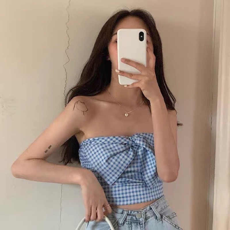 áo quây thô kẻ xanh nơ ngực