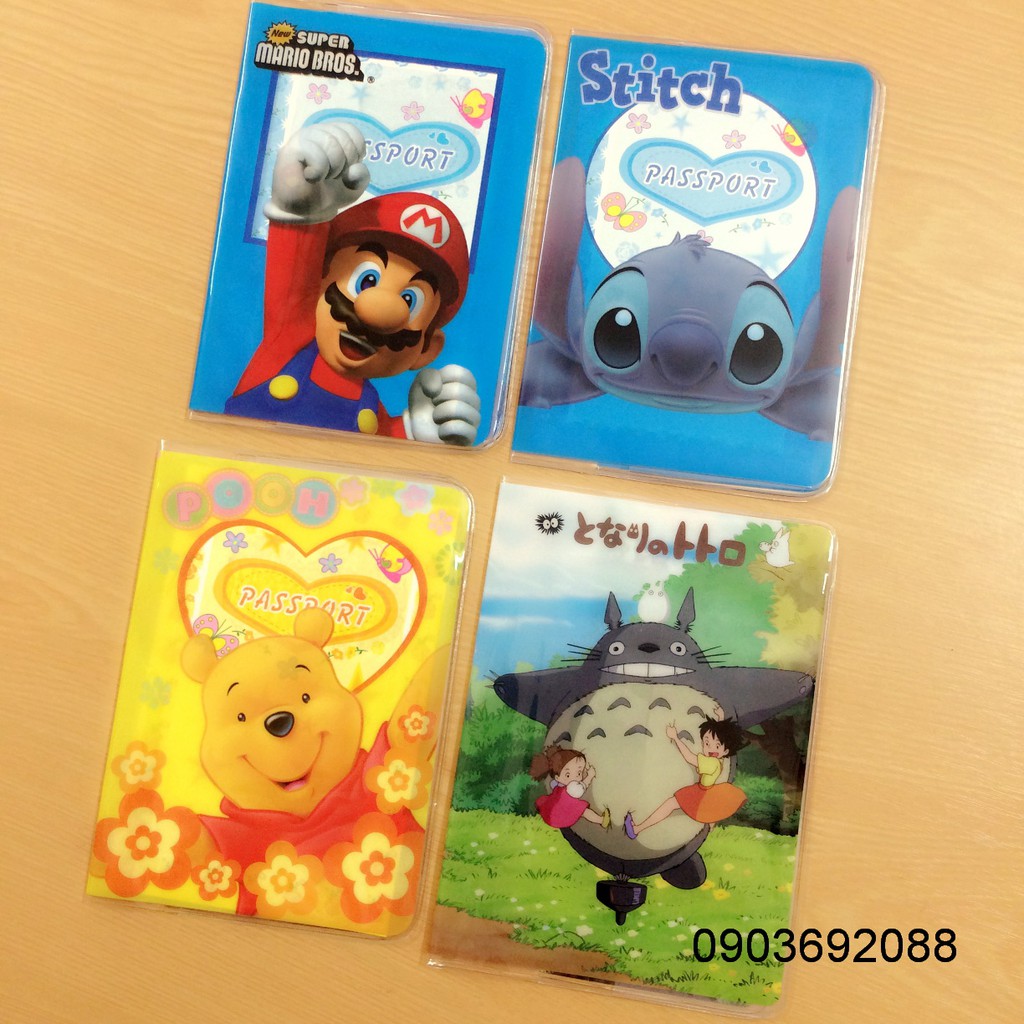 Bao bọc hộ chiếu/ passport Plastis dẻo mẫu nhân vật hoạt hình disney - gấu Pooh/ Stitch/ Toroto/ Mario