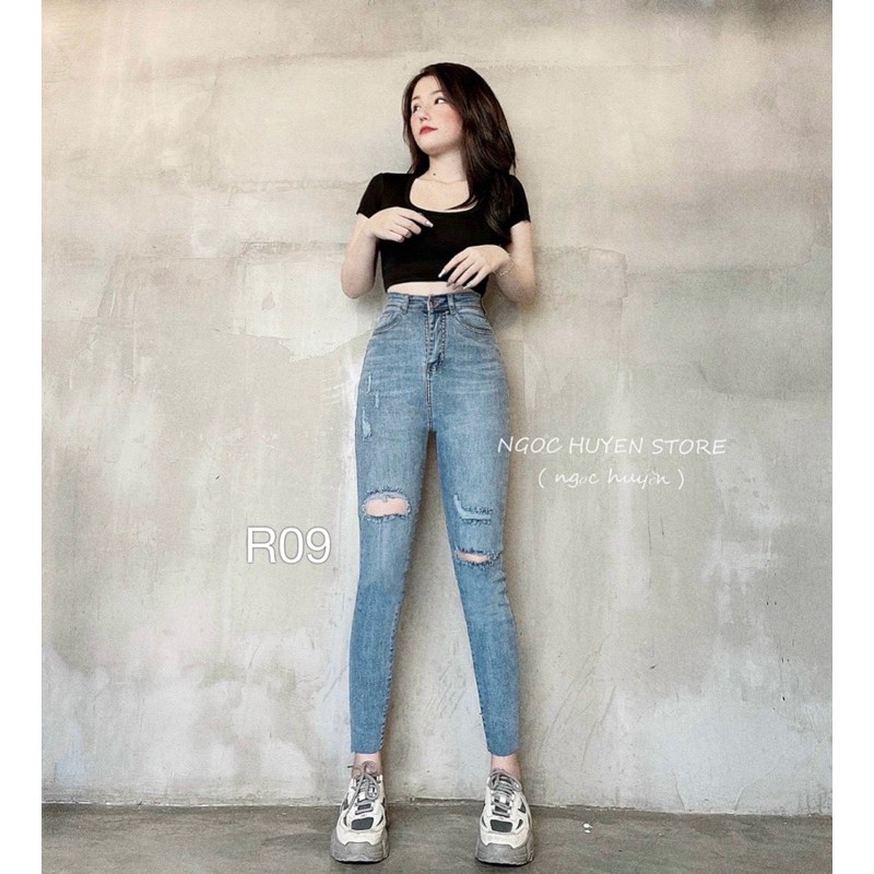 Quần jeans RÁCH 09 ôm body lưng siêu cao rách gối xanh nhạt