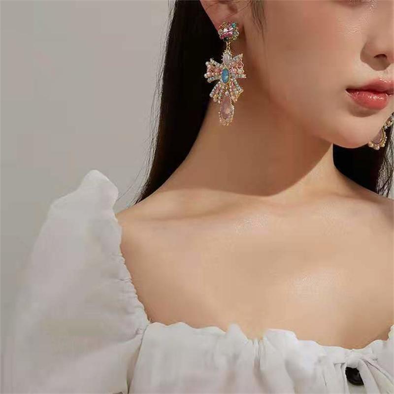 Khuyên Tai Nơ Kim Loại Đính Đá Pha Lê &amp; Ngọc Trai Giả Thời Trang Châu Âu Và Mỹ