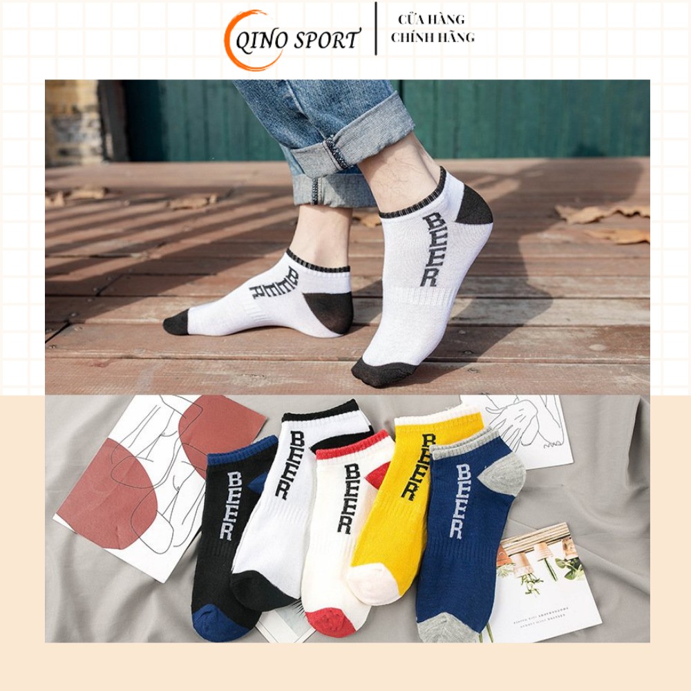 Vớ unisex , tất cổ ngắn nam nữ QINO phối chữ phong cách Hàn Quốc chất liệu cotton mềm thoáng mát 5 màu thời trang