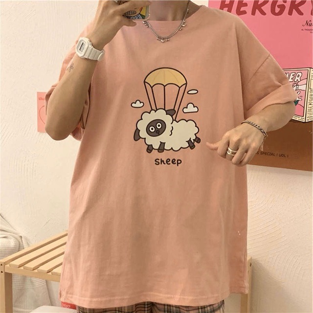 Áo thun phông PINK tay lỡ form rộng CỪU NHẢY DÙ Unisex