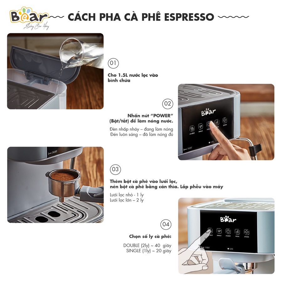Máy pha cà phê Espresso Bear, máy pha cafe Espresso tự động áp suất 15Bar, kiểm soát nhiệt thông minh – Hàng hãng BH 18T